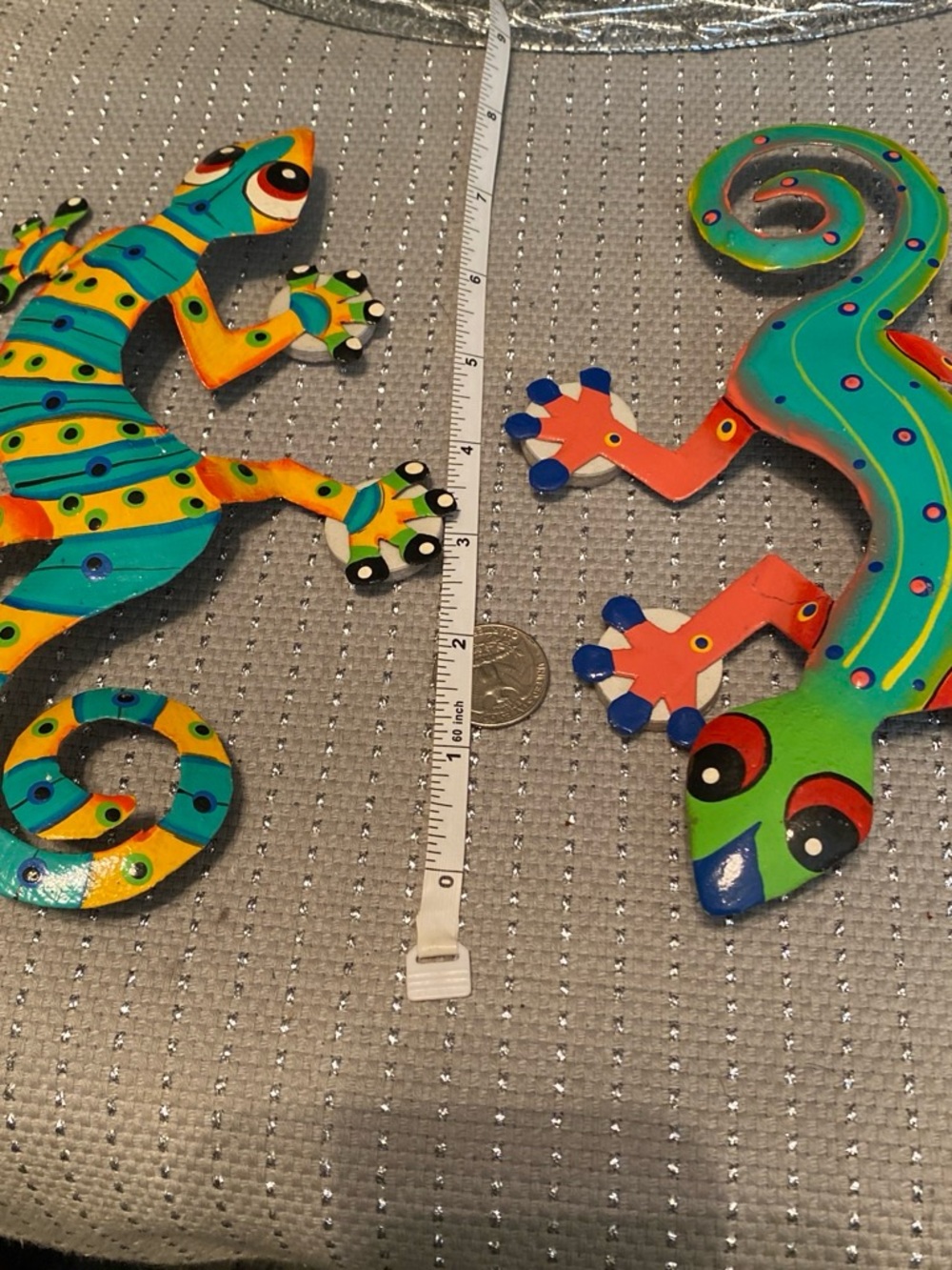Set of 2 Colorful Painted Gecko Metal Wall  - Green, Blue & Orange